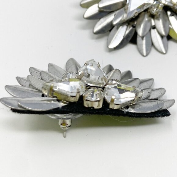 Silver Beaded Crystal Geometric Semicircle Fan Statement Earrings - Picture 7 of 7